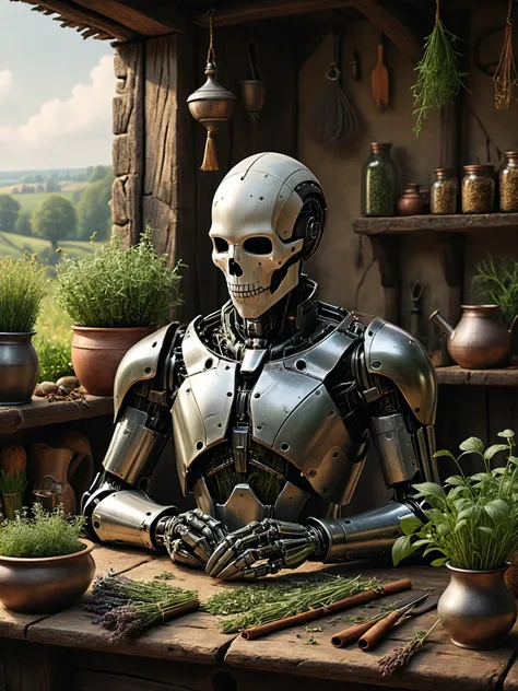 photorealistic, detailed digital illustration of a <lora:Faceless_Cyborgs:0.7> noface cyborg , Medieval herbalist's cottage with drying herbs in the background <lora:xl_more_art-full_v1:0.4>, <lora:EnvyStudioPortraitXL01:0.8>, <lora:EnvyBeginningOfTimeXL01:0.7>
