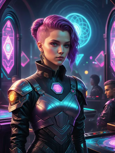 photorealistic, detailed digital illustration of a _custom/characters/character-type-loras , Cyberpunk arcade with holographic games in the background <lora:xl_more_art-full_v1:0.4>,  <lora:EnvyStudioPortraitXL01:0.8>, <lora:Sacred_Geometry_XL:0.7> sacred geometry