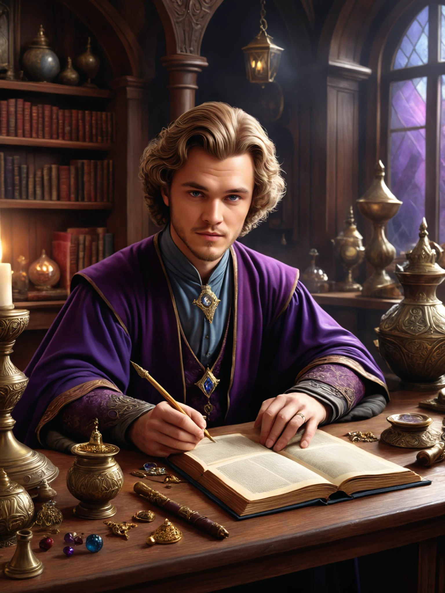 photorealistic, detailed digital illustration of a _custom/characters/character-type-loras , Fantasy wizard's study with magical artifacts in the background <lora:xl_more_art-full_v1:0.4>, <lora:EnvyStudioPortraitXL01:0.8>, <lora:EnvyDreamlandsXL01-adamw:0.7>