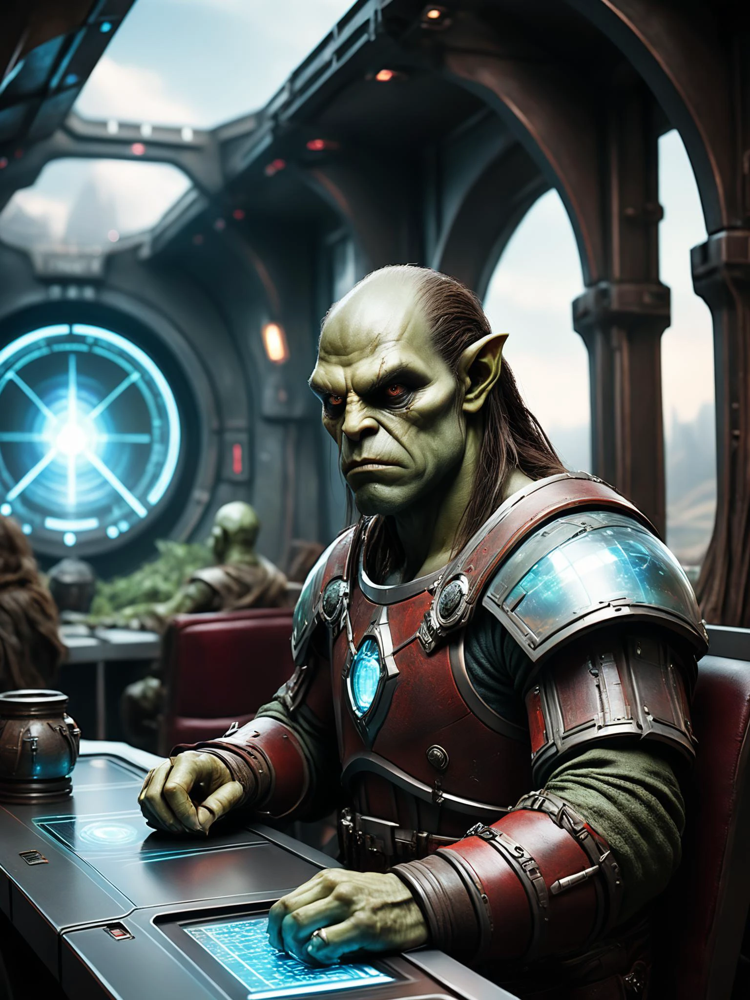 photorealistic, detailed digital illustration of a <lora:RPGOrcXL:0.7> orc , Sci-fi spaceship bridge with holographic displays in the background <lora:xl_more_art-full_v1:0.4>, <lora:EnvyStudioPortraitXL01:0.8>, <lora:EnvyEleganceXL01s:0.7> elegant
