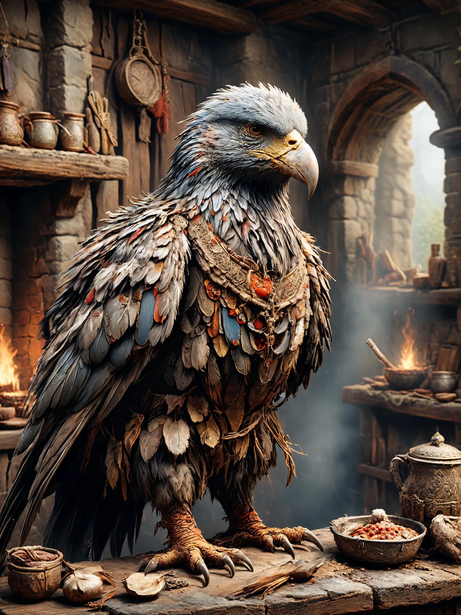 photorealistic, detailed digital illustration of a <lora:RPGAarakocraXL:0.7> aarakocra , Cozy medieval kitchen with hearth in the background <lora:xl_more_art-full_v1:0.4>, <lora:EnvyStudioPortraitXL01:0.8>, <lora:Old_Style_SDXL:0.7> ais-olde