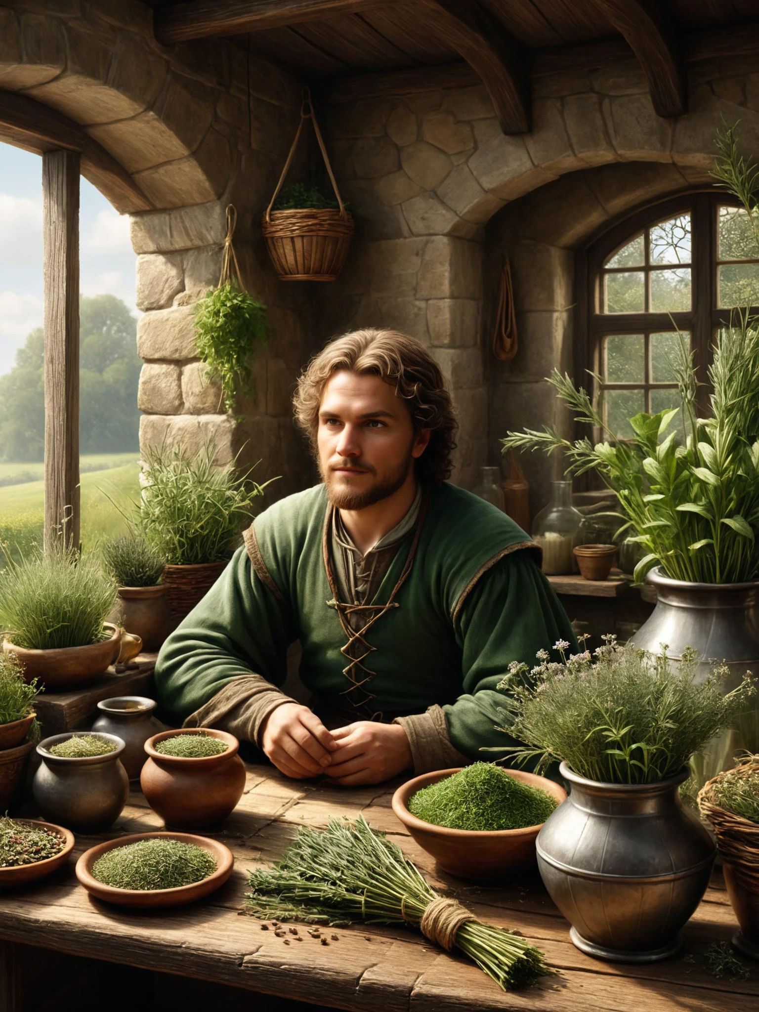 photorealistic, detailed digital illustration of a _custom/characters/character-type-loras , Medieval herbalist's cottage with drying herbs in the background <lora:xl_more_art-full_v1:0.4>, <lora:EnvyStudioPortraitXL01:0.8>, <lora:ral-milkyglass-sdxl:0.8> ral-milkyglass