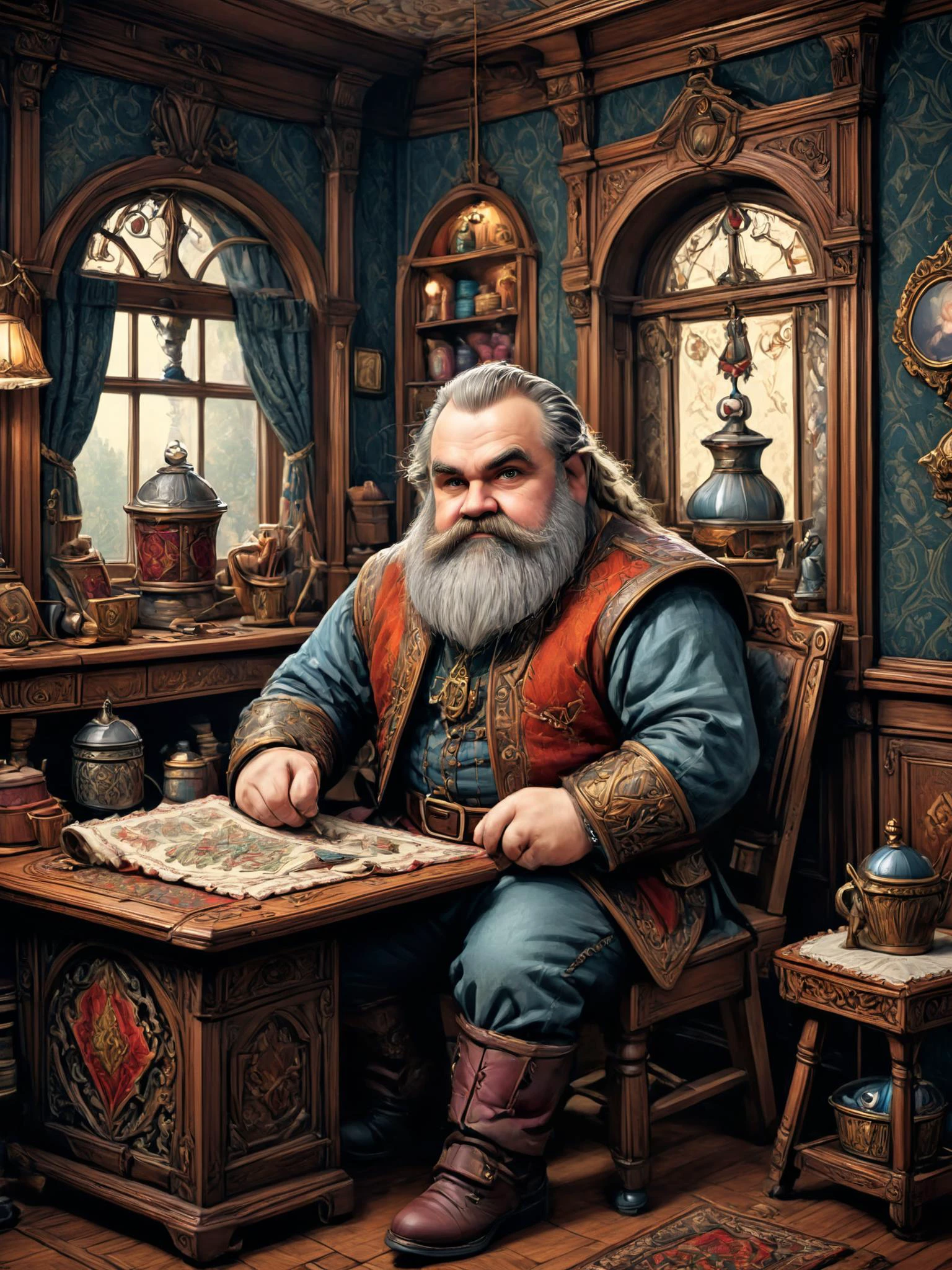 photorealistic, detailed digital illustration of a <lora:RPGDwarfXL:0.7> dwarf , Victorian sewing room with intricate patterns in the background <lora:xl_more_art-full_v1:0.4>, <lora:EnvyStudioPortraitXL01:0.8>, <lora:EldritchComicsXL:0.7>