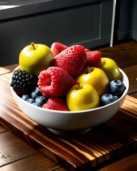 intricatedetails, Rembrandt lighting on a bowl of mixed fruit in a wooden bowl on a chrome table
