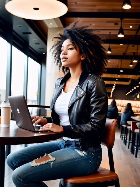 a friend sitting in a starbucks looking at her laptop. wearing jeans and a leather bomber jacket. big hair, ceiling fan