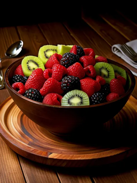 intricatedetails, Rembrandt lighting on a bowl of mixed fruit in a wooden bowl on a chrome table