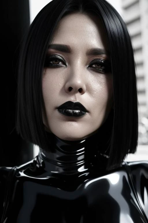 vacation photo, cinematic photograph of a woman, heavy eyelids, face details, skin texture, intricate details, wearing rubber fetish gear and heavy goth makeup, shiny skin looking at viewer, long shadows, latex, showing curves,