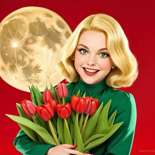 1971 horror comedy movie poster, 1girl, solo, blonde hair, big smile, green eyes, full moon, tulips,