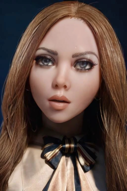 feminine plastic girl with seductive stare, mouth open, M3GEN/(Robot Girl/), against an orange background, plastic details, DV_Gigi_Vicious, long shadows, face details, curvy, flash photography