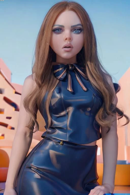 feminine plastic girl with seductive stare, blue eyes, mouth open, M3GEN, m3gan, against an orange background, plastic details, DV_Gigi_Vicious, long shadows, face details, curvy, flash photography
