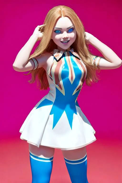 feminine plastic girl with crazy smile, cutout dress,  blue eyes, mouth open, M3GEN, m3gan thighhighs, pointed toes, , against an orange background, plastic details, DV_Gigi_Vicious, long shadows, face details, curvy, flash photography, yandere,crazy eyes