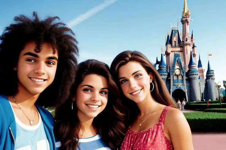 friends posing in front of the castle at Disneyworld, face details, eyes, 1993, big hair, 90's clothes, film grain, 8k, RAW photo, kodak film