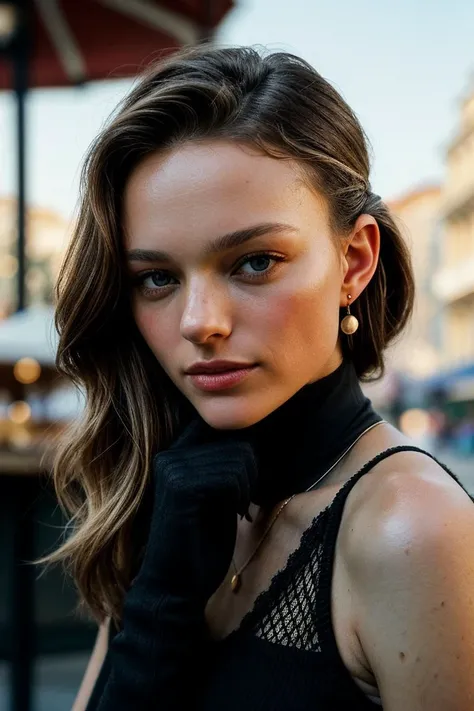 photo of (ana1sgarn1er-135:0.99), a beautiful woman, perfect hair upsweep updo, (modern photo, Medium Brown Lace knit gloves), closeup portrait, 85mm, (analog, cinematic, film grain:1.3), (A charming, rustic Italian piazza with a gelato stand:1.2), detailed eyes, (seductive pose), earrings, makeup, (epicPhoto), (looking at viewer), (cinematic shot:1.3)