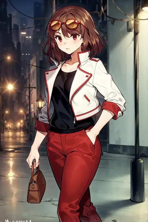 <lora:Kaho:1>, kaho, momodora, freckles, 1girl, solo, brown leather jacket, city, sunglasses, handbag, pants, masterpiece, best quality,