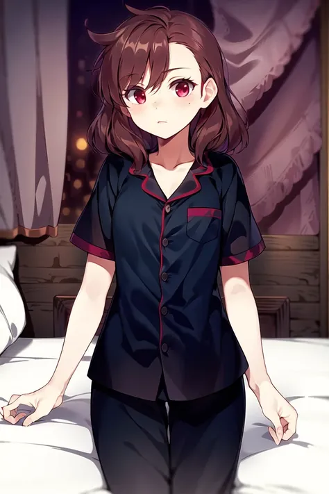 <lora:Kaho:1>, kaho, momodora, freckles, 1girl, solo, pajamas, on bed, bed hair, masterpiece, best quality,