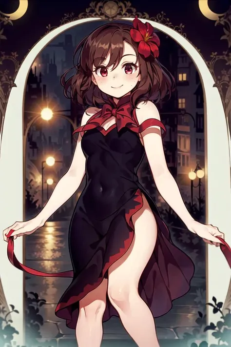 <lora:Kaho:1>, kaho, momodora, freckles, 1girl, solo, hair flower, gown, smile, masterpiece, best quality,
