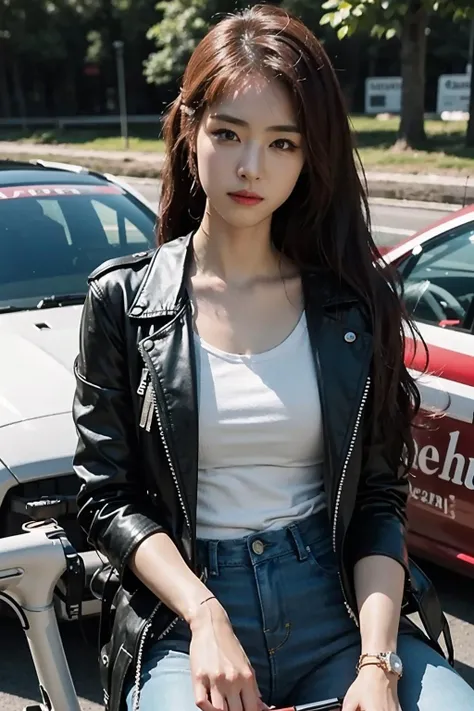Best quality, masterpiece, ultra high res, (photorealistic:1.4), raw photo, 1girl, outdoor, (racing bike), looking at viewer, long hair, pale skin, half body, leather jacket, tanktop, jeans