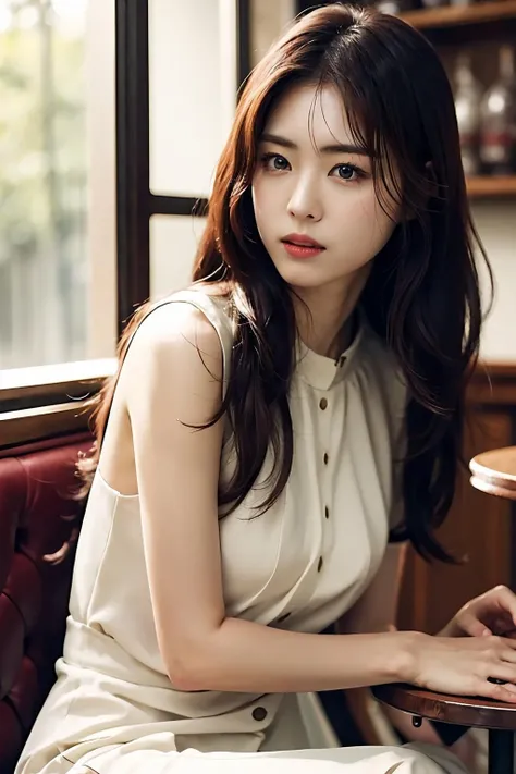 Best quality, masterpiece, ultra high res, (photorealistic:1.4), raw photo, 1girl, inside cafe, closeup, looking at viewer, long hair, pale white skin, green dress