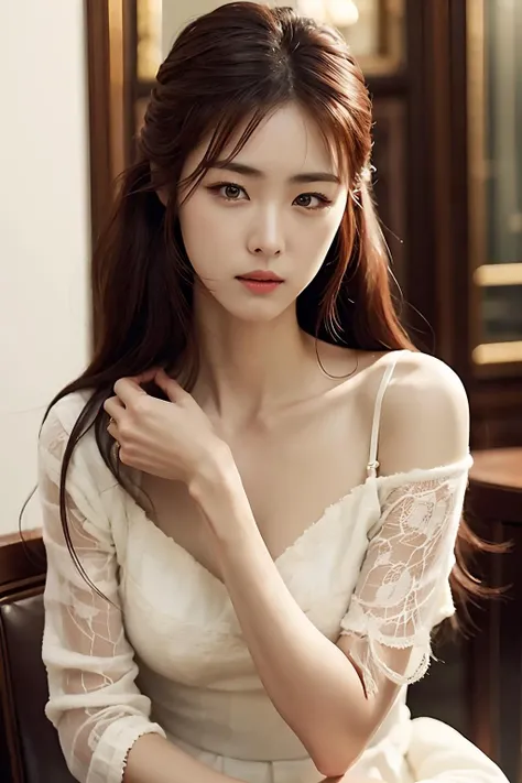 Best quality, masterpiece, ultra high res, (photorealistic:1.4), raw photo, 1girl, inside cafe, closeup, looking at viewer, long hair, pale white skin, green dress