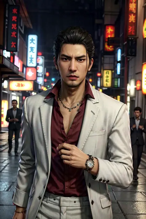 1boy, solo, kazuma kiryu, ryu ga gotoku, yakuza, (black hair, brown eyes, very short hair:1.25), (spiked hair:1.3), thick eyebrows, (collared shirt, garnet shirt, white suit:1.35), jewelry, necklace, chest hair, wristwatch, manly, muscular, upper body, looking to viewer, walking, in the streets of Okinawa, holding cigarrette, smoking, smoke, (realistic:1.5), (unreal engine:1.3), (cinematic color, color accuracy:1.45), (masterpiece, best quality:1.5), extremely detailed, high resolution, 8k uhd unity wallpaper, <lora:Kazuma Kiryu:0.7>