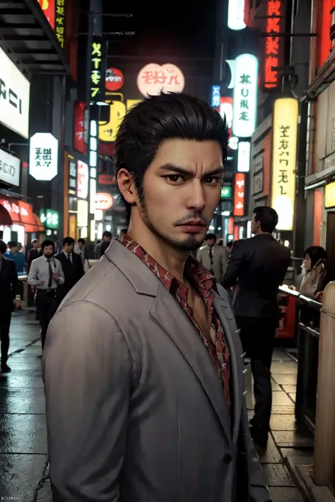 1boy, solo, kazuma kiryu, ryu ga gotoku, yakuza, (black hair, brown eyes, short hair, spiked hair:1.45), thick eyebrows, (facial hair, beard:1.35), white suit, collared shirt, chest hair, wristwatch, shoes, mature male, manly, muscular, upper body, close up, looking to viewer, in the streets of Kabukicho, (realistic:1.5), (cinematic color, color accuracy:1.45), (masterpiece, best quality:1.5), extremely detailed, high resolution, 8k uhd unity wallpaper, <lora:Kazuma Kiryu:0.7>