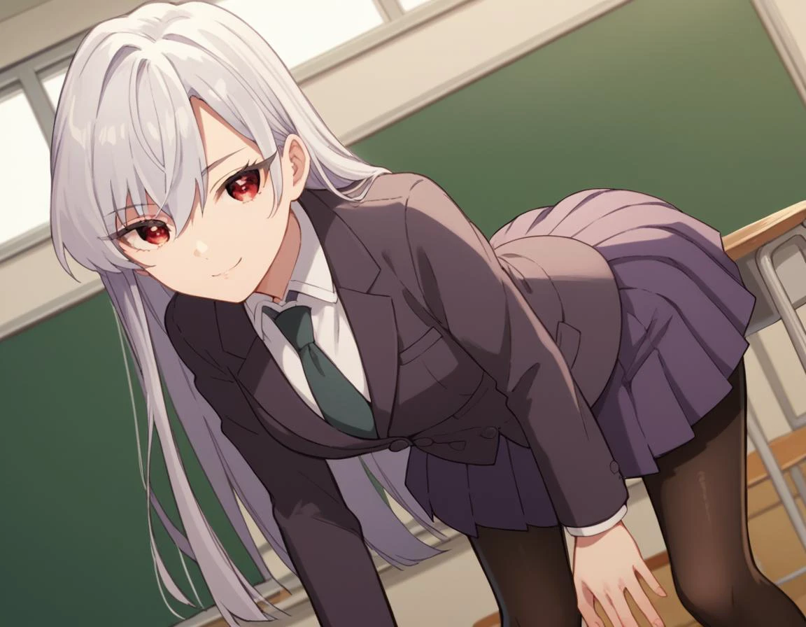 score_9, score_8_up, score_7_up, source_anime,
nanoeiai, <lora:nano-eiai-s1-ponyxl-lora-nochekaiser:1>,
nano eiai, long hair, bangs, hair between eyes, red eyes, grey hair,
skirt, shirt, long sleeves, school uniform, jacket, white shirt, pantyhose, pleated skirt, necktie, collared shirt, miniskirt, black pantyhose, buttons, blazer, pocket, purple skirt, brown pantyhose,
indoors, classroom, bent over, smile,
looking at viewer, cowboy shot, dutch angle, solo,