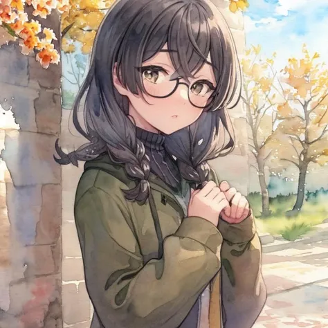 (watercolor_style\(medium\):1.4), solo, comfy, (outdoors, spring \(season\), autumn), chifuyuPerson, <lora:HanakumaChifuyu:1>