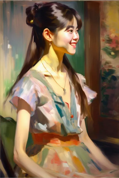 <lora:Lovis Corinth Style:1>Lovis Corinth Style - Oil painting of side-view portrait including the chest of a pretty Japanese girl in the 21st century with a nice smile, and wears a colorful low-cut dress with a hot body, and puts a pendant on her neck and shiny straight hair, in Impressionism style with Berthe Morisot, the pretty model is highlighted by volumetric lighting, the model has significant body proportion and chest, the pretty model has thick eyebrows and big drooping eyes and clear double eyelids and directs her big eyes to the front, the pretty model has a pleasant smile and prominent dimples while shutting her mouth, the background is painted vividly in brighter colors