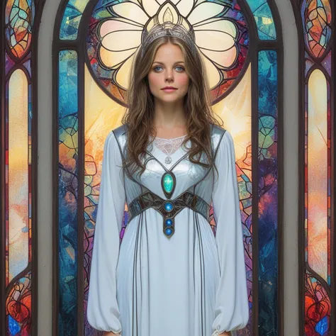 score_9, score_8_up, score_8, Bionic Woman,1girl, looking at looking at viewer, Heavy Night Dress, Stained glass background, ArsMJStyle, art nouveau, <lora:ArsMJStyleSDXL_-_Art_Nouveau:1>