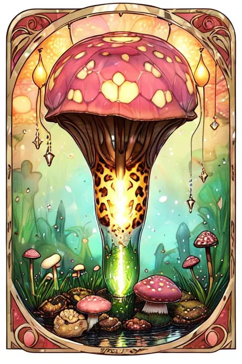 Leopard Spot Texture lilliputian cushion-shaped crinkled mushroom, slanted, cooperative nutrient absorption, wetland, saprophytic, sparkling, simple pores,,translucent latex peach gradually tapering to an elongated bulb base, } (( no humans)) , <lora:ArsMJStyleSD_-_Art_Nouveau:0.8> ArsMJStyle, Art Nouveau