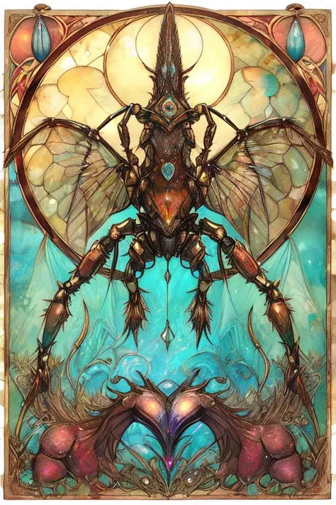 Medium Elusive Irregular vintage mollusk spirit, Hexapod Octomanual, clawed appendages,  Tufted-Tailed, leathery skin,    Pegasus Wings, (( no humans)) , <lora:ArsMJStyleSD_-_Art_Nouveau:0.8> ArsMJStyle, Art Nouveau