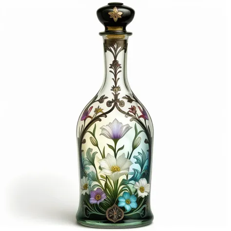 Clear white background, flowers, intricate design, ArsMJStyle, Art Noveau, (Bottle), <lora:ArsMJStyleSDXL_-_Art_Nouveau:1>