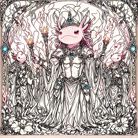 (ArsMJStyle, art nouveau), ((lineart, intricate details)) ornate mural artwork, ((an axolotl leader, addressing troops, before a grim battle, torches lighting their determined faces)), masterpiece artwork, <lora:AxomodelXL.safetensors:1:7> <lora:ArsMJStyleSDXL_-_Art_Nouveau.safetensors:1:1> <lora:add-detail-xl.safetensors:1:1>