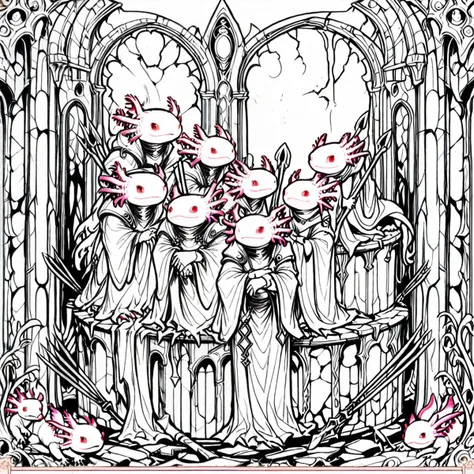 (ArsMJStyle, art nouveau), ((lineart, intricate details)), ((group of axolotls, in a crumbling tower, watching the horizon, preparing for a final stand, determined faces, armed with spears)), full color, masterpiece artwork, ornate mural artwork, <lora:AxomodelXL.safetensors:1:7> <lora:ArsMJStyleSDXL_-_Art_Nouveau.safetensors:1:1> <lora:add-detail-xl.safetensors:1:1>