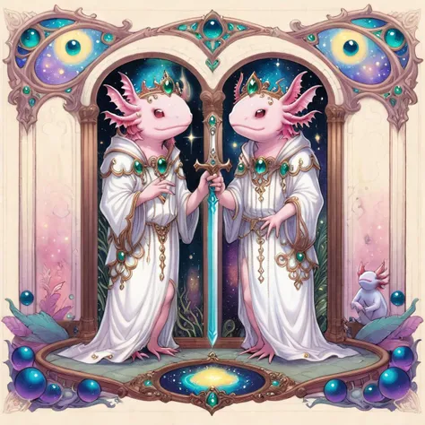 (ArsMJStyle, art nouveau), ((lineart, intricate details)) ornate mural artwork, an axolotl prince, in a secret chamber, plotting to overthrow the king, dark and intense atmosphere, holding a jeweled dagger, full color, masterpiece artwork, <lora:AxomodelXL.safetensors:1:7> <lora:ArsMJStyleSDXL_-_Art_Nouveau.safetensors:1:1> <lora:add-detail-xl.safetensors:1:1>