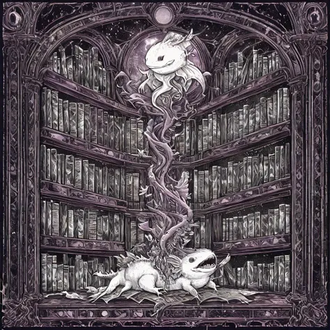 (ArsMJStyle, art nouveau), ((lineart, intricate details)) ornate mural artwork, ((an axolotl with a sinister plan, in a dark library, ancient books and secrets, plotting in shadows)), masterpiece artwork, <lora:AxomodelXL.safetensors:1:7> <lora:ArsMJStyleSDXL_-_Art_Nouveau.safetensors:1:1> <lora:add-detail-xl.safetensors:1:1>