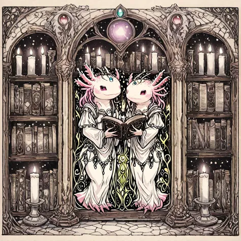 (ArsMJStyle, art nouveau), ((lineart, intricate details)) ornate mural artwork, ((axolotls in a dark library, researching forbidden knowledge, candles flickering, ancient books)), masterpiece artwork, <lora:AxomodelXL.safetensors:1:7> <lora:ArsMJStyleSDXL_-_Art_Nouveau.safetensors:1:1> <lora:add-detail-xl.safetensors:1:1>