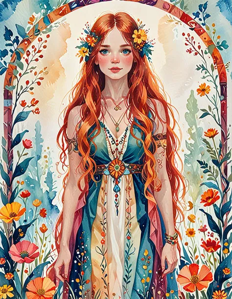 hippy woman children's book illustration <lora:novuschroma45 style_detail:1.05> novuschroma45 style <lora:ArsMJStyleSDXL_-_Art_Nouveau:0.85> ArsMJStyle, Art Nouveau <lora:sdxl_lightning_8step_lora:1>