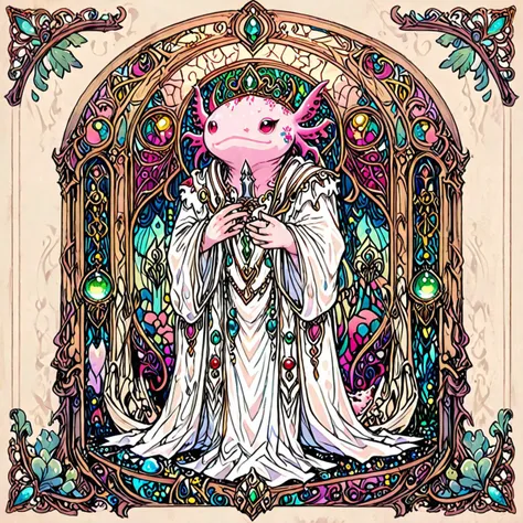 (ArsMJStyle, art nouveau), ((lineart, intricate details)) ornate mural artwork, an axolotl prince, in a secret chamber, plotting to overthrow the king, dark and intense atmosphere, holding a jeweled dagger, full color, masterpiece artwork, <lora:AxomodelXL.safetensors:1:7> <lora:ArsMJStyleSDXL_-_Art_Nouveau.safetensors:1:1> <lora:add-detail-xl.safetensors:1:1>