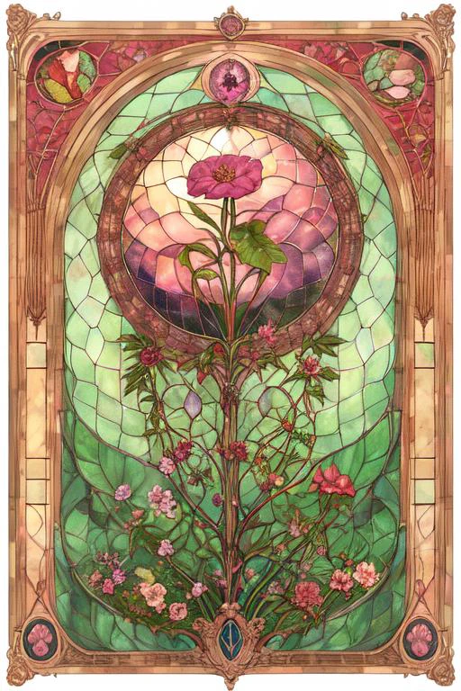 miniature morganite pink herbaceous-stemmed arching plant, bumpy texture fluted vine, furrowed, bipinnately-lobed compound leaf, parallel venation, basal-rosette, serrulate leaf margin, Red cyme incomplete flower, elliptical, anchor root (( no humans)) , <lora:ArsMJStyleSD_-_Art_Nouveau:0.8> ArsMJStyle, Art Nouveau