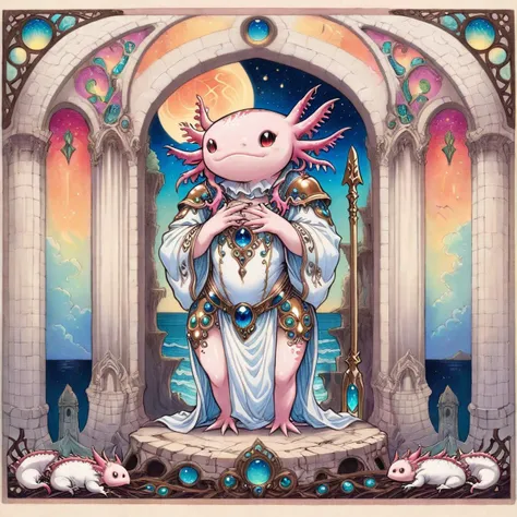 (ArsMJStyle, art nouveau), ((lineart, intricate details)) ornate mural artwork, group of axolotls, in a crumbling tower, watching the horizon, preparing for a final stand, determined faces, armed with spears, full color, masterpiece artwork, <lora:AxomodelXL.safetensors:1:7> <lora:ArsMJStyleSDXL_-_Art_Nouveau.safetensors:1:1> <lora:add-detail-xl.safetensors:1:1>