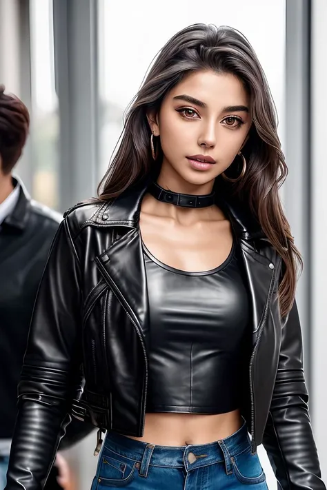 photo of beautiful young (m4jastr0jek:0.99), a woman, (black leather jacket:1.2), (long sleeve top with collar:1.2), (jeans), (walking) in a department store, natural light, (masterpiece:1.2) (photorealistic:1.2) (best quality) (detailed skin:1.2) (intricate details) (8k) (HDR) (cinematic lighting) (sharp focus), (looking at the camera:1.1), hoop earrings, ((closeup portrait:1.2))