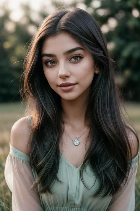 photo of (m4jastr0jek-140:0.99), a woman, perfect hair, posing, (vintage photo, tunic), (closeup portrait), necklace, 24mm, (tintype), (analog, cinematic, film grain:1.3), ((plaing Grass Green background, gradient)), ((detailed eyes)), smiling, (epicPhoto)