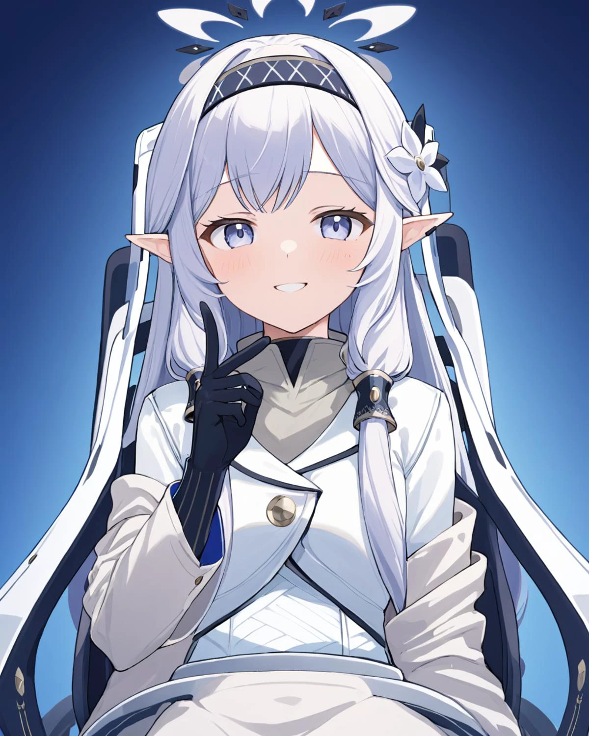 himari \(blue archive\),1girl, solo, black_gloves, hair_flower, halo, upper_body, looking_at_viewer, mole_under_eye, long_sleeves, smile, black_hairband, hair_tubes, wheelchair, white_jacket
<lora:himari_(blue_archive)_image1099_2023-11-27:1>halo. gorgeous,key visual, vibrant, studio anime,award-winning, professional, highly detailed,high budget, cinemascope