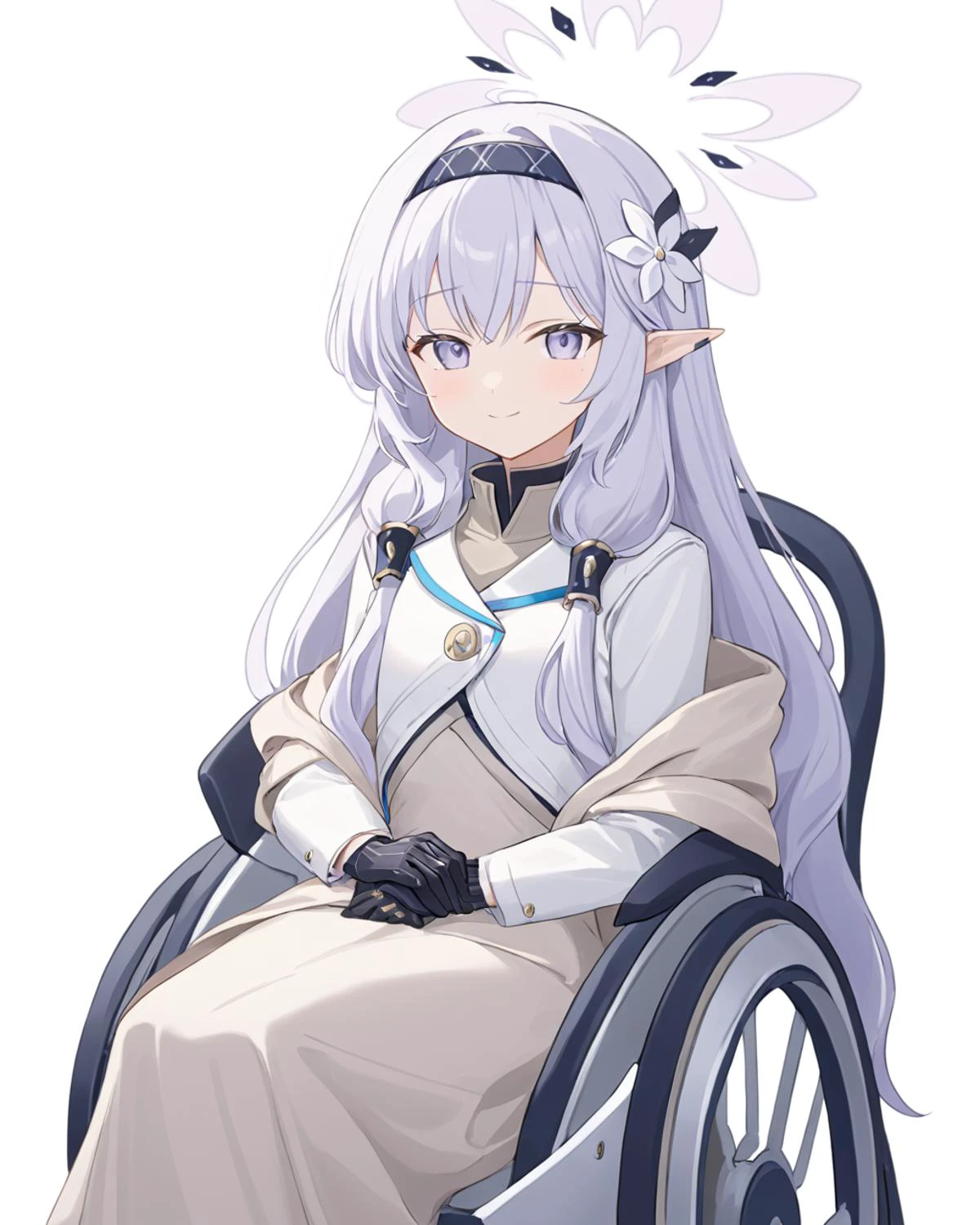 breathtaking,himari \(blue archive\),1girl, solo, looking at viewer, smile, simple background, hair ornament, gloves, long sleeves, white background, sitting, closed mouth, jacket, flower, hairband, black gloves, hair flower, mole, mole under eye, halo, hair tubes, white jacket, wheelchair<lora:Himari_image195_v1-000030:1> . gorgeous,key visual, vibrant, studio anime,award-winning, professional, highly detailed,high budget, cinemascope
