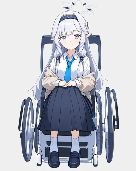 himari \(blue archive\),1girl, halo, wheelchair, solo, hairband, sitting, school_uniform, blue_necktie, white_background, black_skirt, pleated_skirt, looking_at_viewer, v, full_body, shoes, smile, simple_background, long_sleeves, alternate_costume, socks, office_chair, white_shirt, mole_under_eye
<lora:himari_(blue_archive)_image1099_2023-11-27:1>halo. gorgeous,key visual, vibrant, studio anime,award-winning, professional, highly detailed,high budget, cinemascope