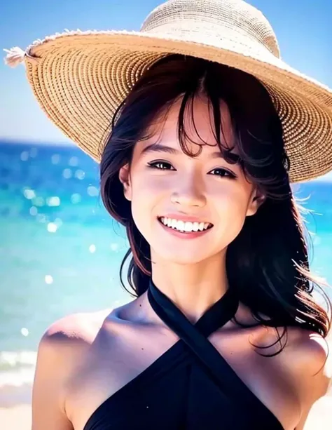 realistic, masterpiece, highres, 4k, 8k , girl, beautiful girl, detail, , smile , <lora:akinaNakamori_v2:0.9>, beach
