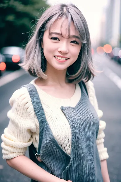8k, RAW, best quality, ultra high res, 1girl, smile, portrait, closeup, white dress, ash grey color hair, grey hair, bangs, long hair, walking on street, perfect lighting, plain face
, akinav1, <lora:akinaNakamori_v2:0.8>