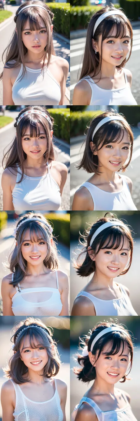 8k, RAW, best quality, ultra high res, photorealistic, realistic, 1girl, smile, portrait, closeup, white dress, ash grey color hair, grey hair, bangs, long hair, cute headband, walking on street, perfect lighting, plain face,
, akinav1, <lora:akinaNakamori_v2:0.2>