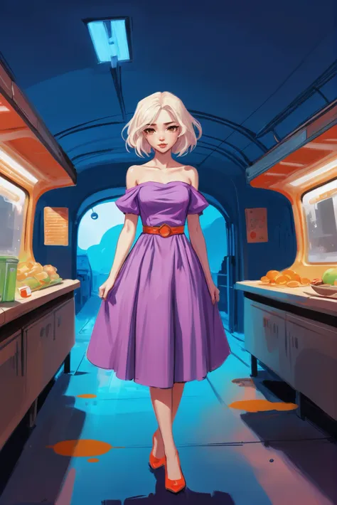 rough digital painting, sketch, anime style, Market in an abandoned subway station \(room\) in a underwater,cheerful fantasy town in a Alpine Tundra,1girl, woman, rough digital painting, full body, 1girl, solo, outlandish costume design, adventurer, apron, (off shoulder dress:1.3), (asian:1.3), (muscular:1) build, old, bombshell hair, peach hair, Crown Twist, lavender clothes, average figure, albino<lora:EnvyStarlightAnimeDigitalPainting02:1>